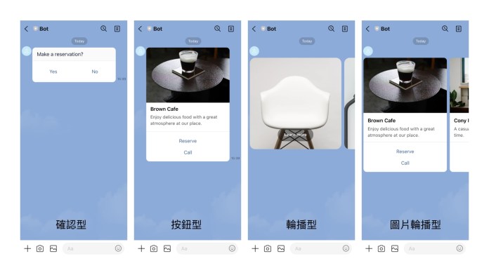 LINE Messaging API「模板訊息」（Template Message）的 4 種訊息模板示意圖。（圖片來源／LINE Developers）